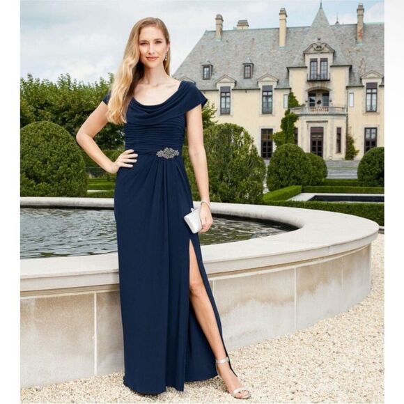 Alex Evenings NWT Cowl Neck A-Line Matte Jersey Pleated Bodice Gown Navy 12 - Picture 2 of 7